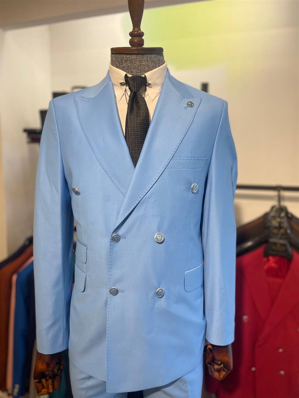 Maserto Slim Fit Açık Mavi Takım Elbise Düz Desenli