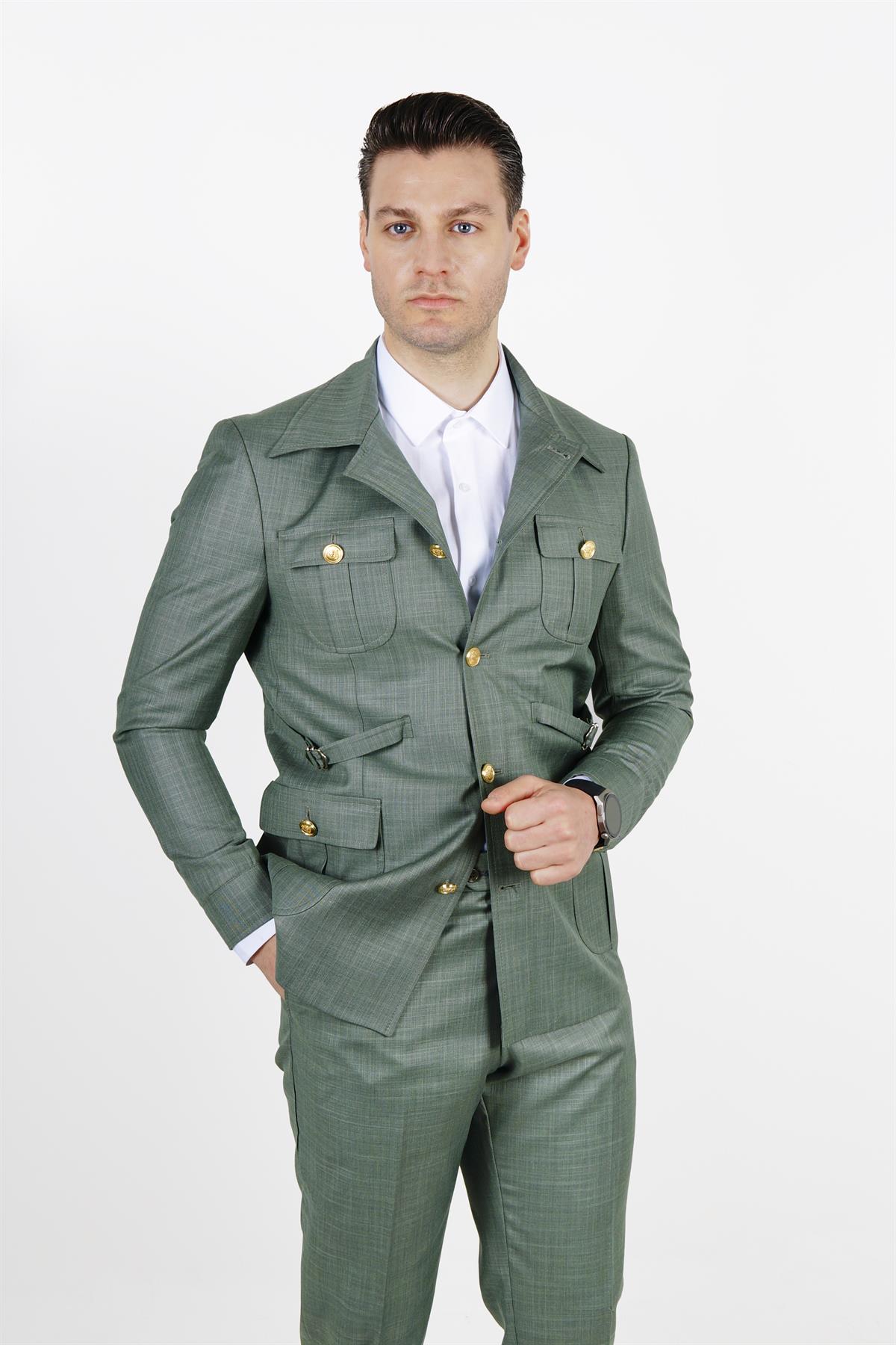 Maserto Slim Fit Açık Yeşil Cepli Takım Elbise Kendinden Desenli