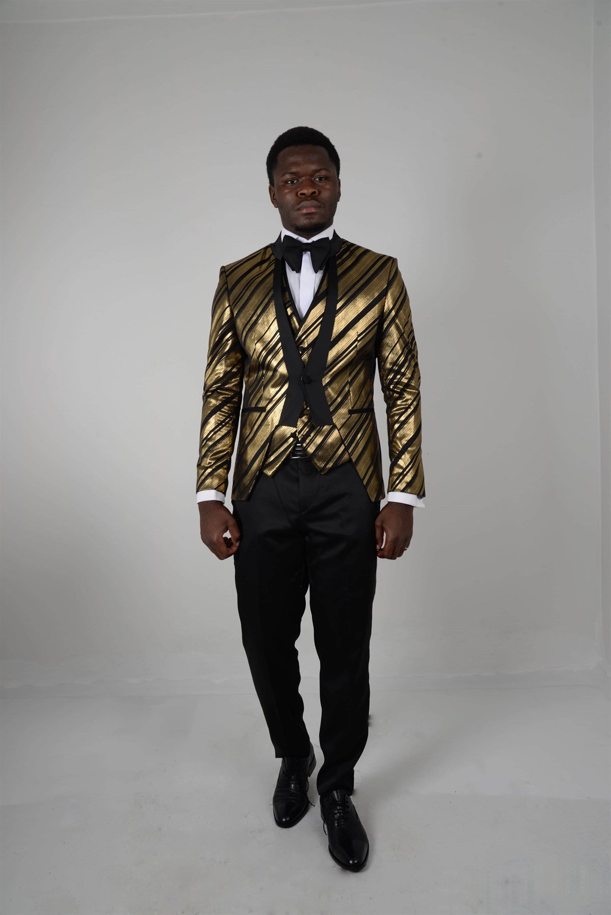 Maserto Slim Fit Altın Sarısı Smokin Çizgili Desenli