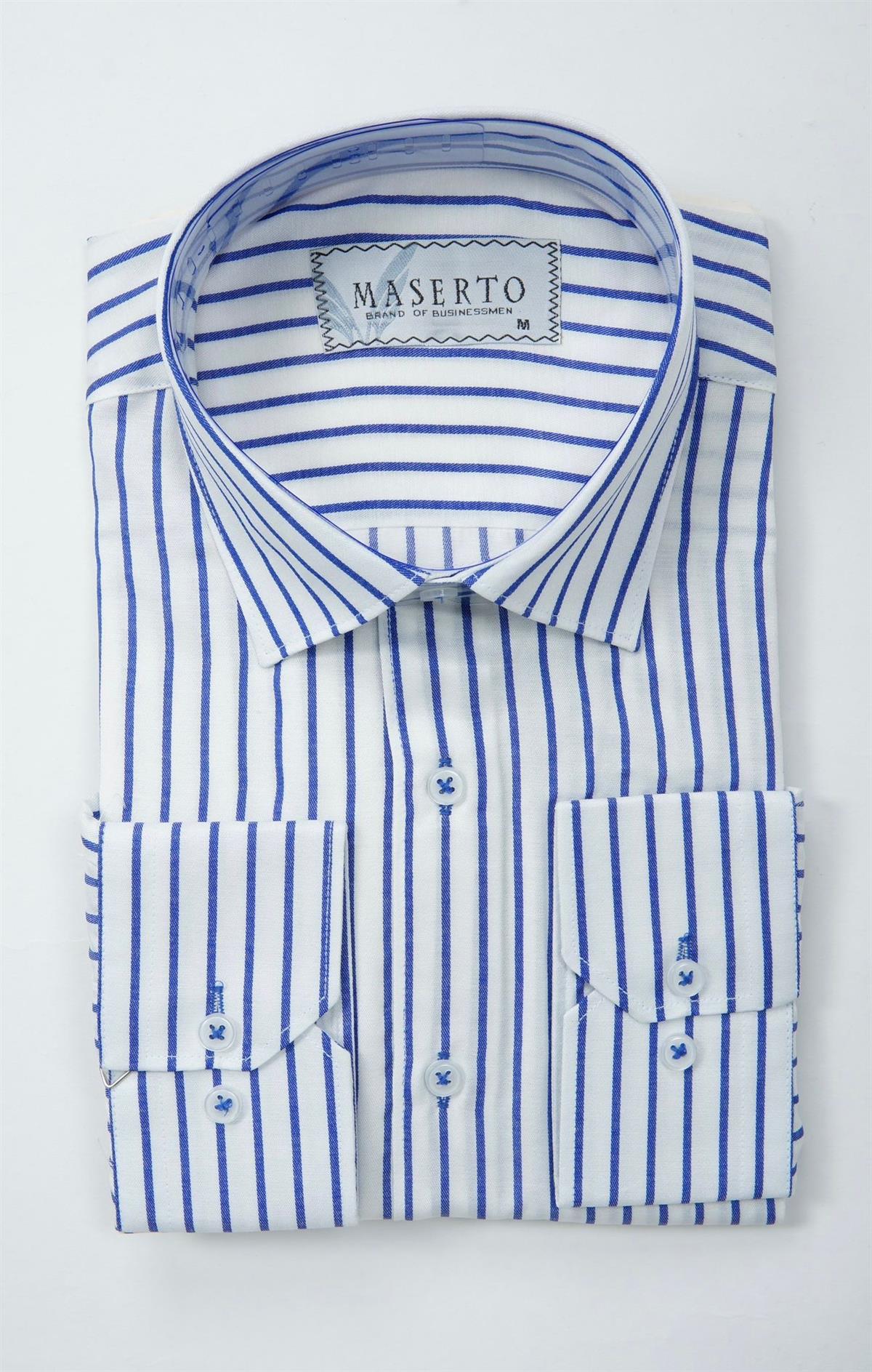 Maserto Slim Fit Beyaz Gömlek Çizgili Desenli