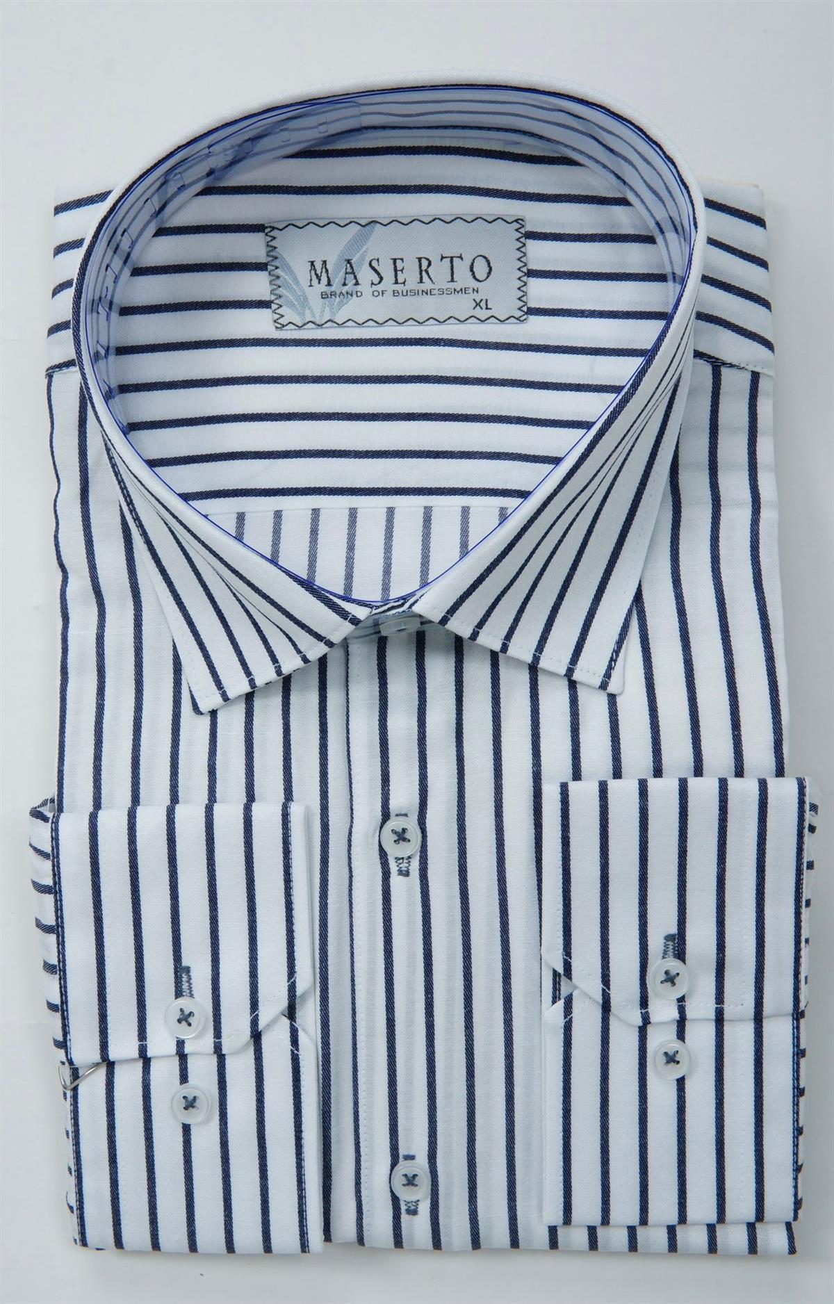 Maserto Slim Fit Beyaz Gömlek Çizgili Desenli