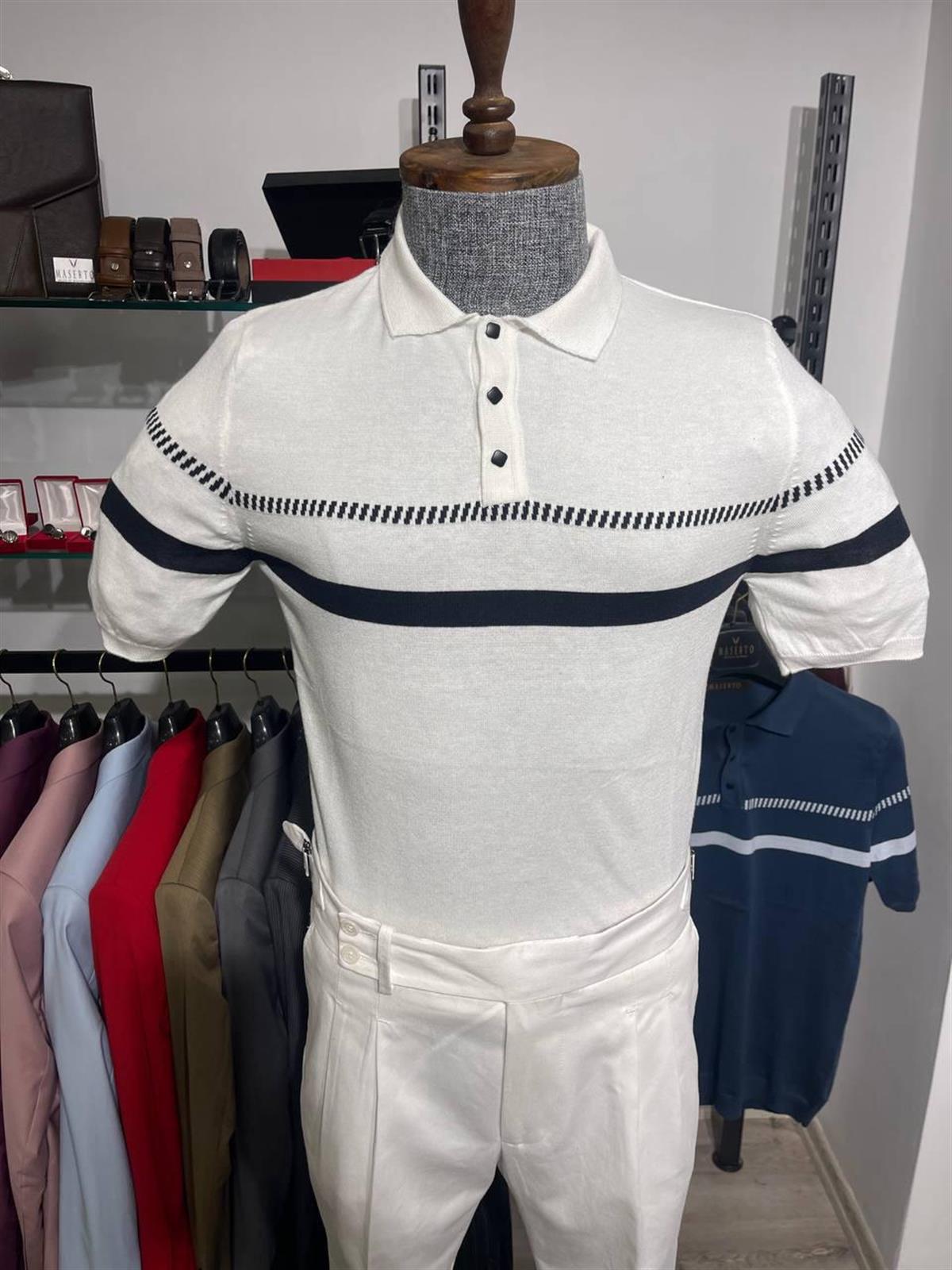 Maserto Slim Fit Beyaz Polo Yaka T-Shirt Çizgi Desenli