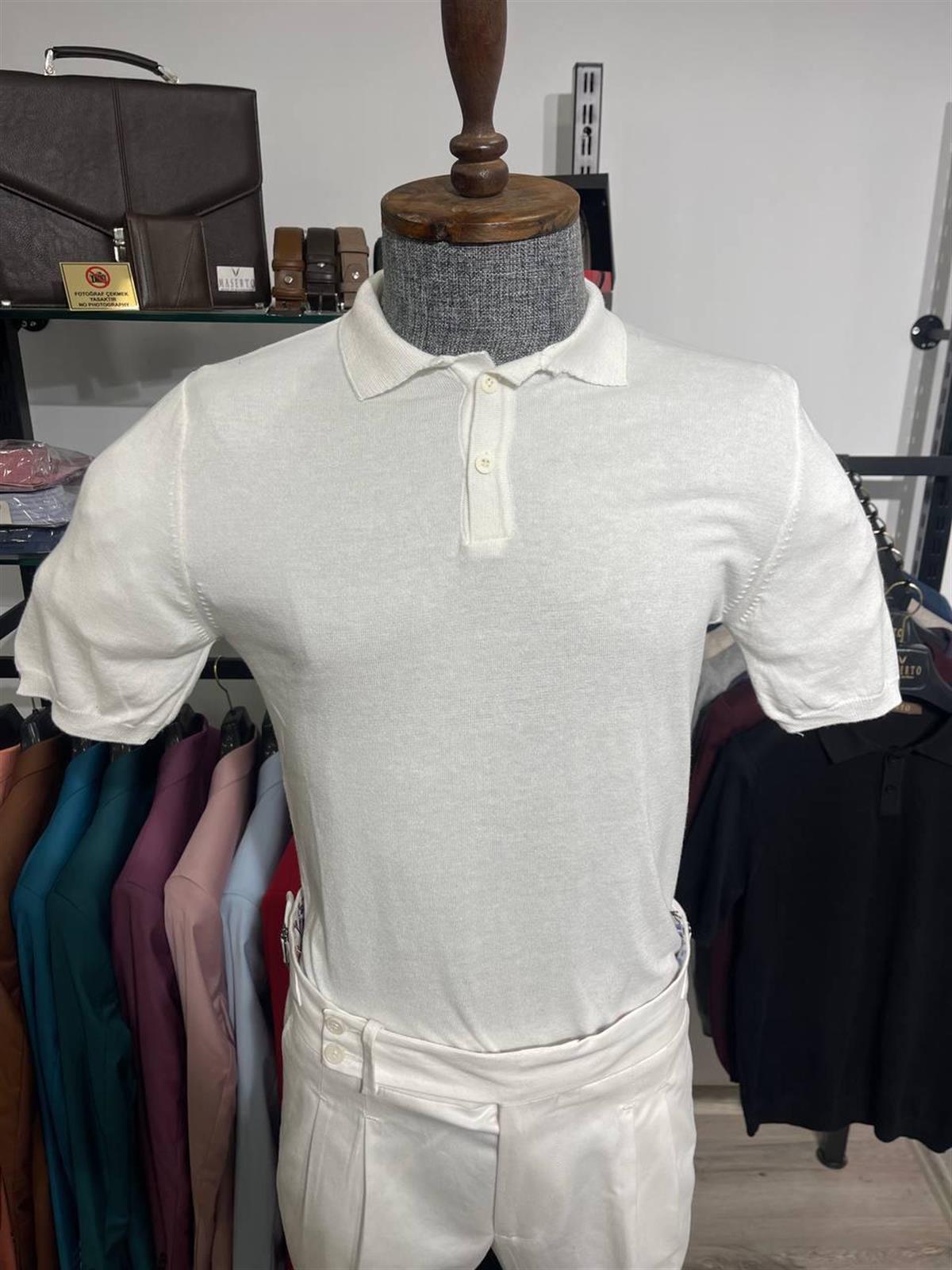 Maserto Slim Fit Beyaz Polo Yaka T-Shirt Düz Desenli