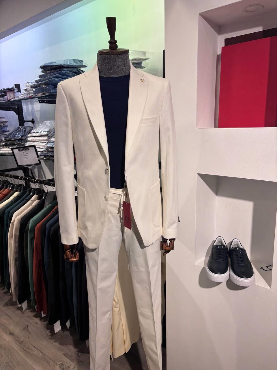 Maserto Slim Fit Beyaz Soft Takım Elbise Düz Desenli