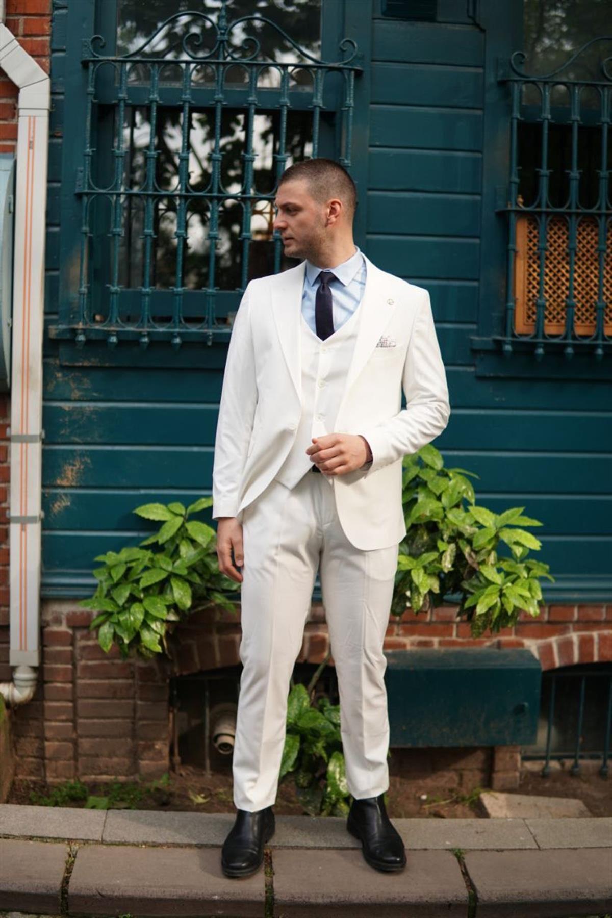 Maserto Slim Fit Beyaz Takım Elbise Düz Desenli | maserto.com