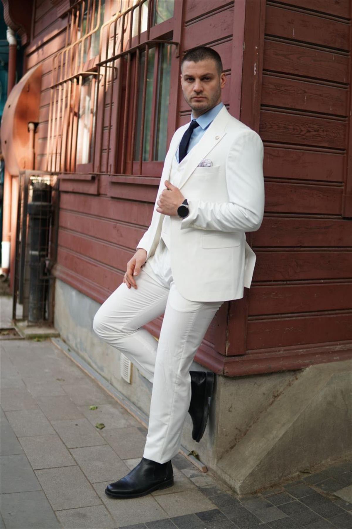 Maserto Slim Fit Beyaz Takım Elbise Düz Desenli | maserto.com