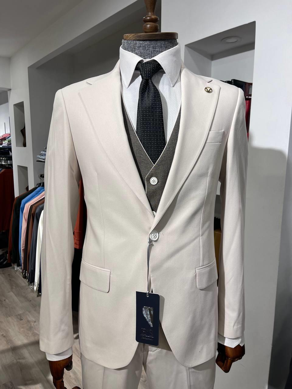 Maserto Slim Fit Beyaz Takım Elbise Düz Desenli