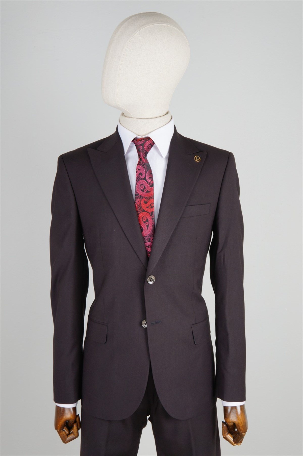 Maserto Slim Fit Bordo Takım Elbise Düz Desenli