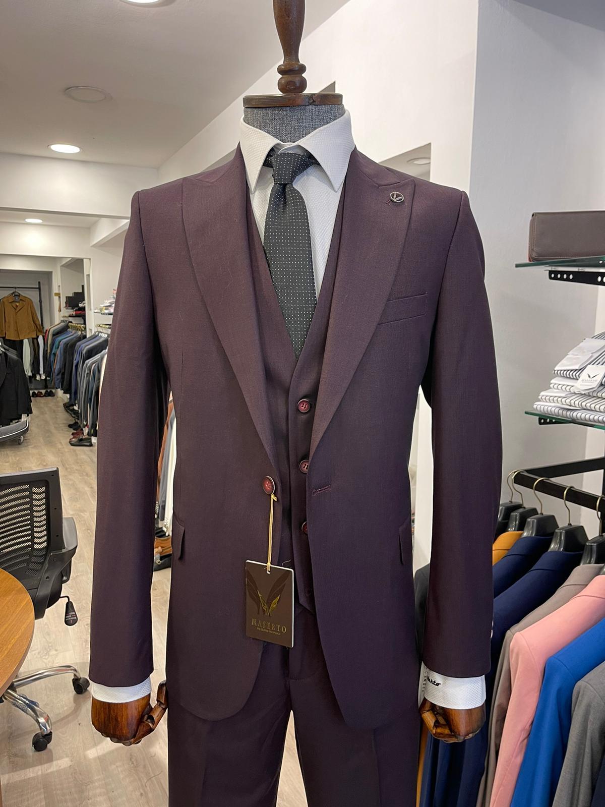 Maserto Slim Fit Bordo Takım Elbise Düz Desenli
