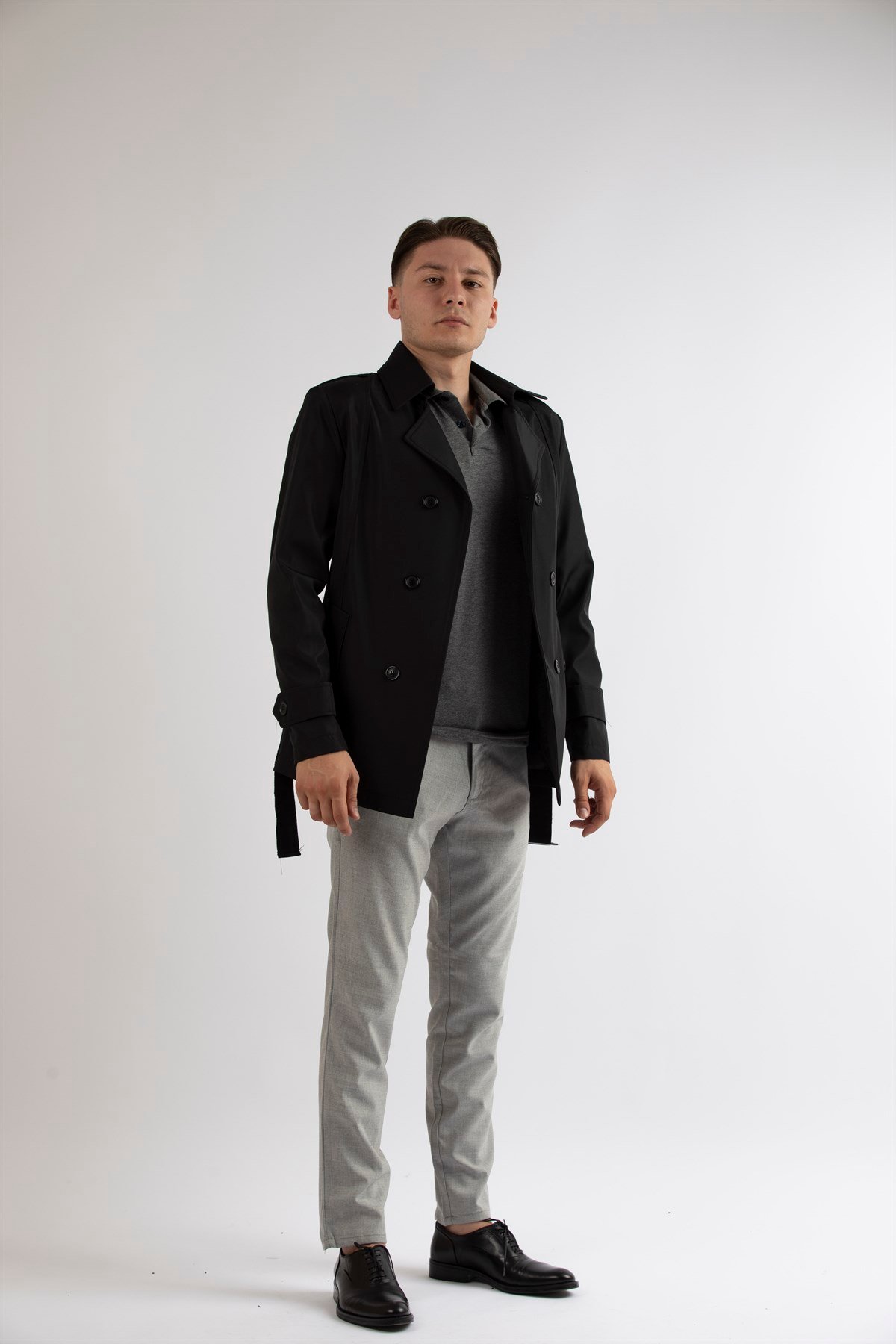 Maserto Slim Fit Men's Short Model Black Trench Coat