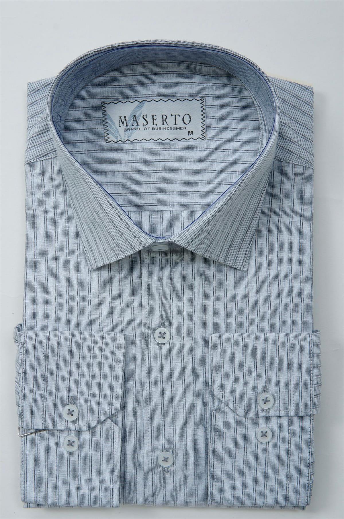 Maserto Slim Fit Gri Gömlek Çizgili Desenli