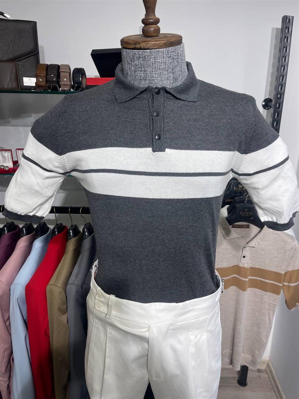 Maserto Slim Fit Gri Polo Yaka T-Shirt Çizgi Desenli