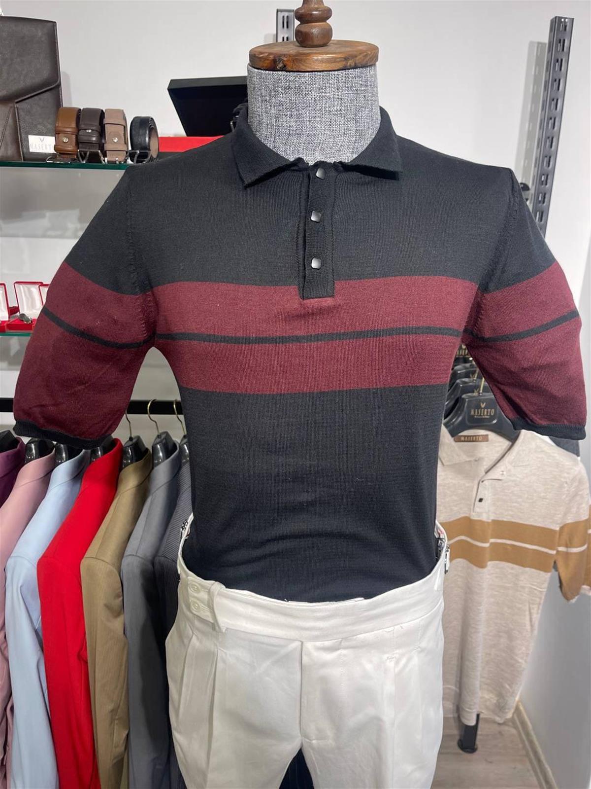 Maserto Slim Fit Gri Polo Yaka T-Shirt Çizgi Desenli