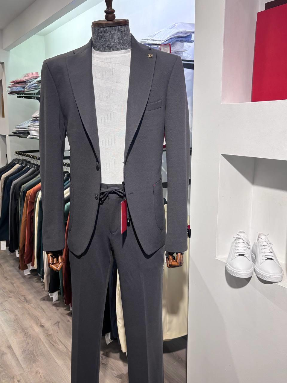 Maserto Slim Fit Gri Soft Takım Elbise Düz Desenli