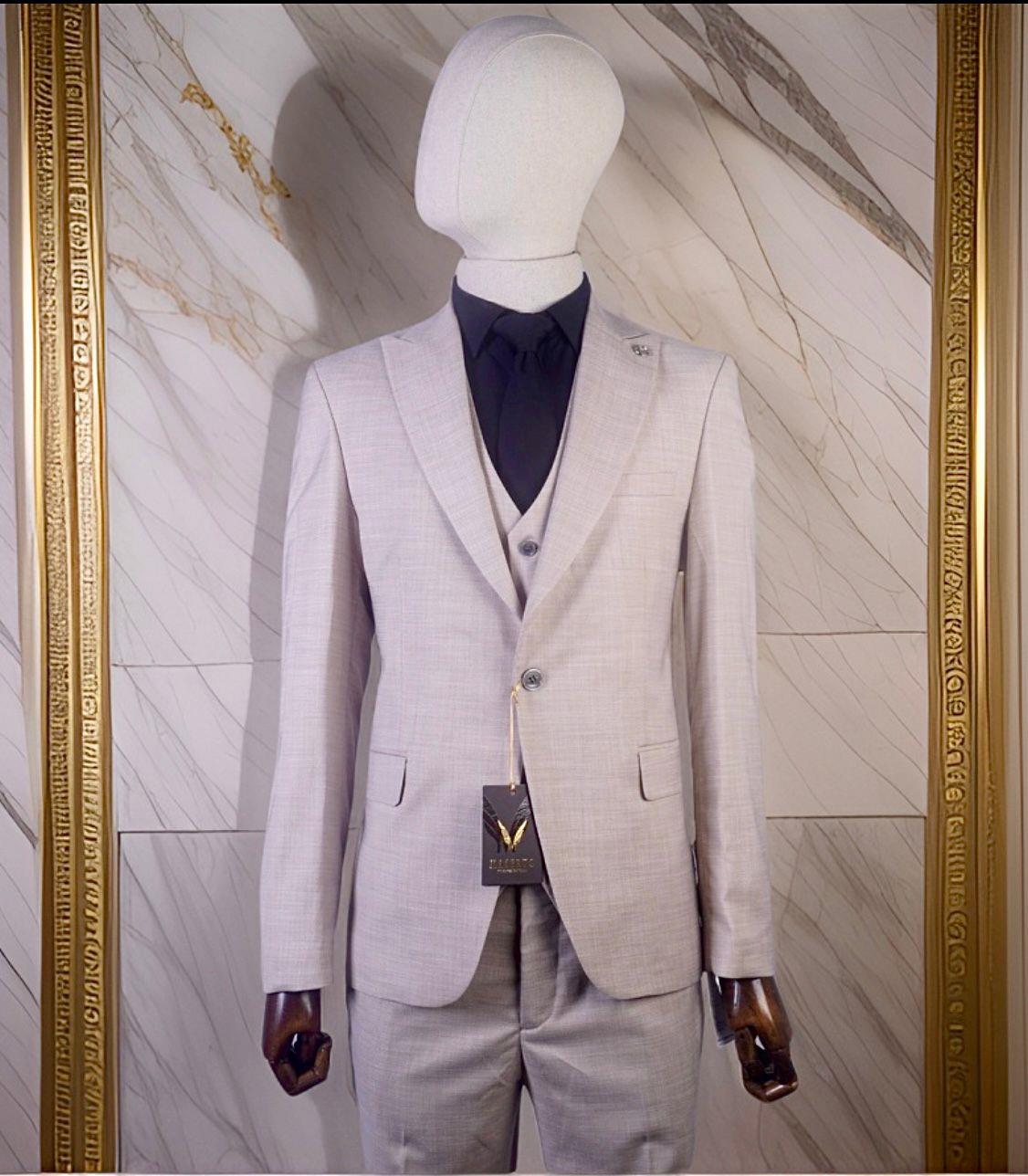Maserto Slim Fit Gri Takım Elbise Çizgili Desenli