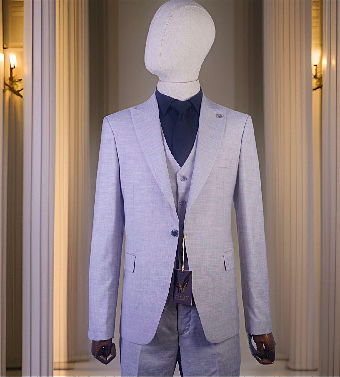 Maserto Slim Fit Gri Takım Elbise Çizgili Desenli