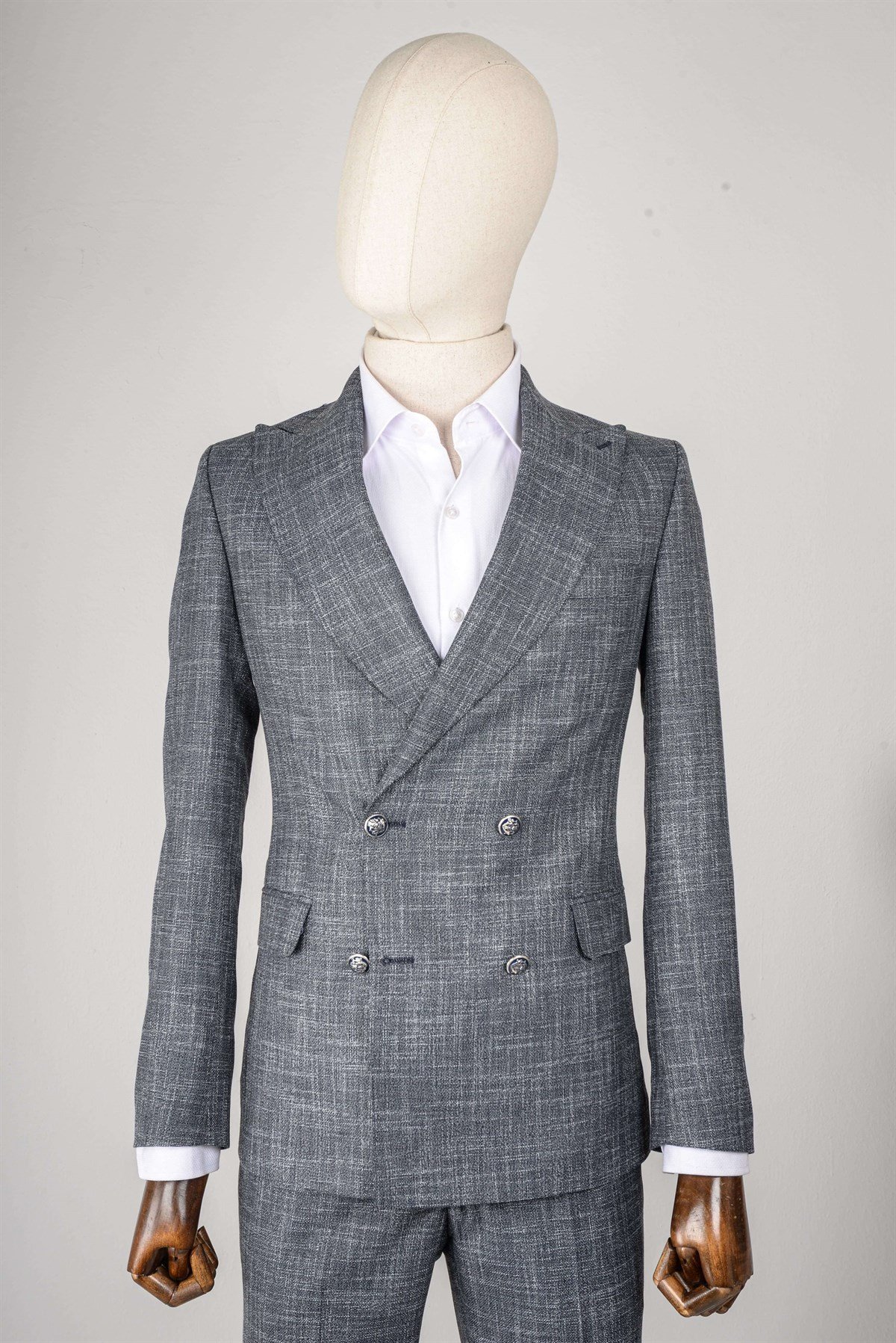 Maserto Slim Fit Gri Takım Elbise Çizgili Desenli