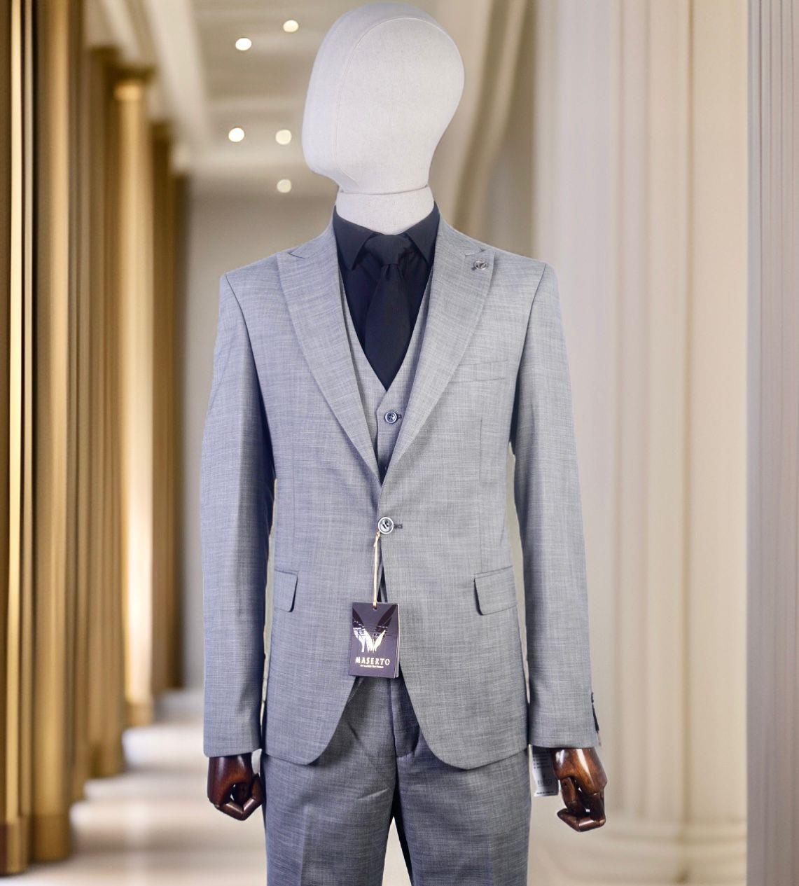 Maserto Slim Fit Gri Takım Elbise Çizgili Desenli