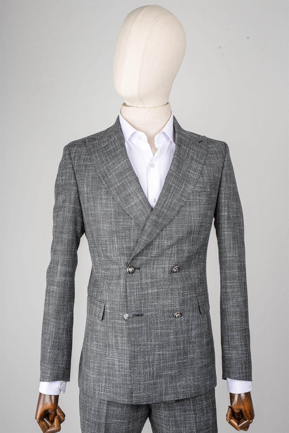 Maserto Slim Fit Gri Takım Elbise Çizgili Desenli