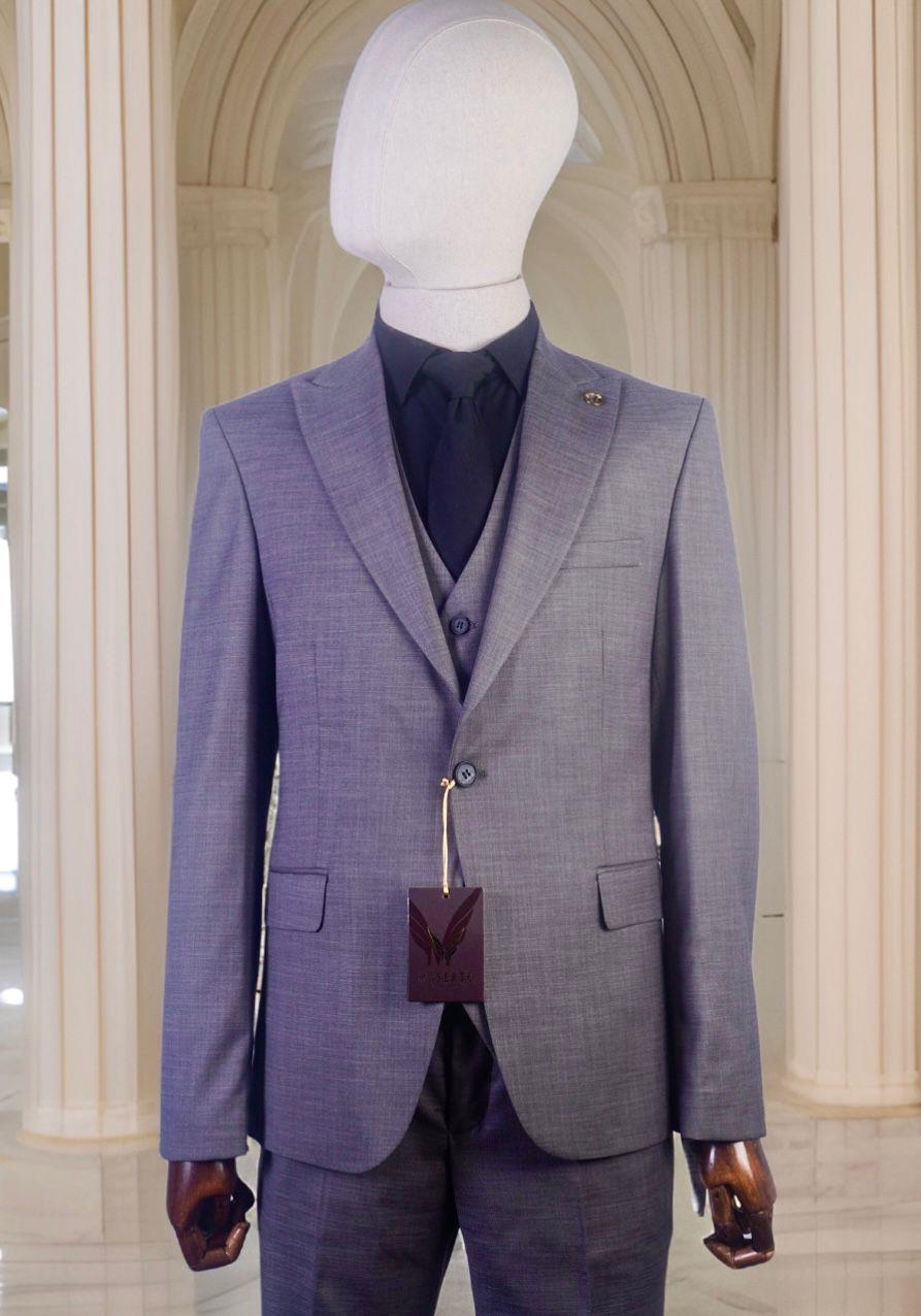 Maserto Slim Fit Gri Takım Elbise Çizgili Desenli