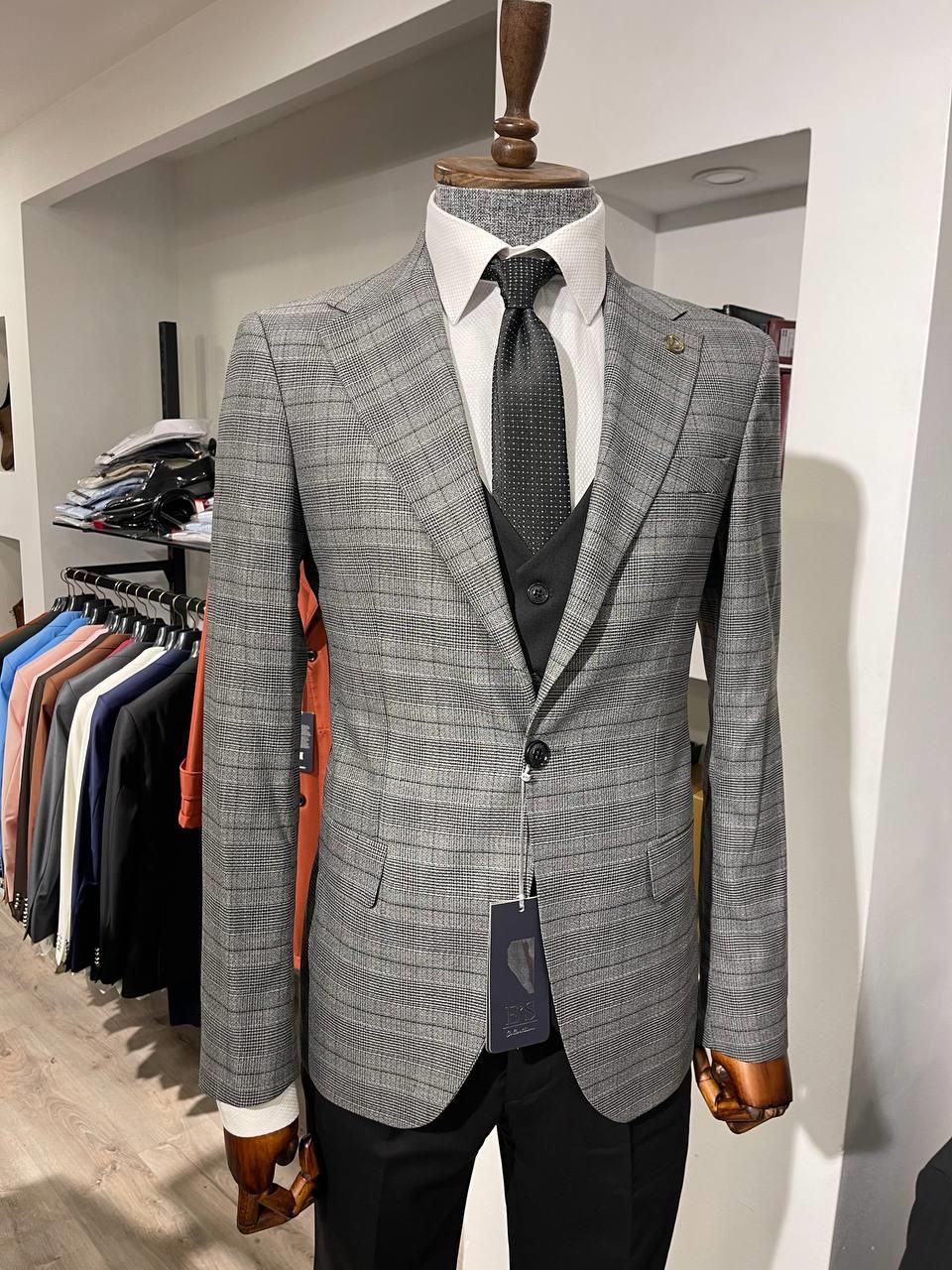 Maserto Slim Fit Gri Takım Elbise Çizgili Desenli