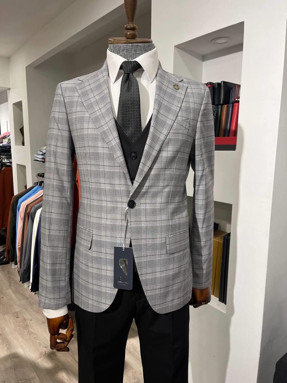 Maserto Slim Fit Gri Takım Elbise Çizgili Desenli