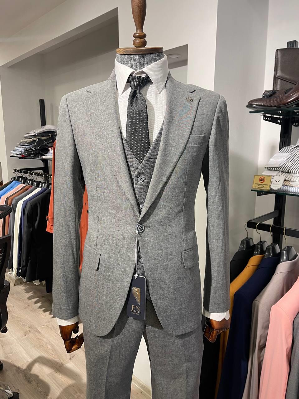 Maserto Slim Fit Gri Takım Elbise Düz Desenli