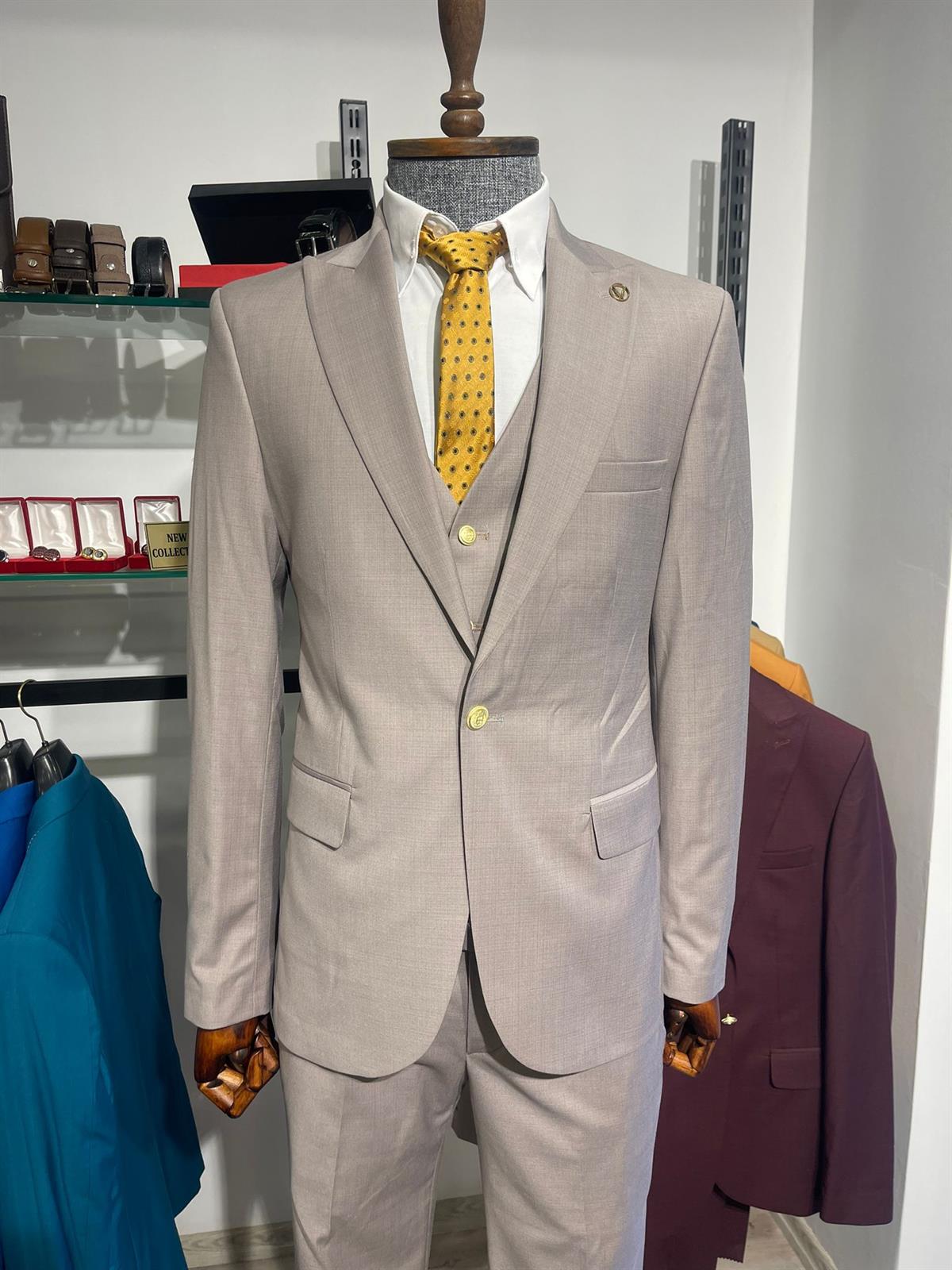 Maserto Slim Fit Gri Takım Elbise Düz Desenli