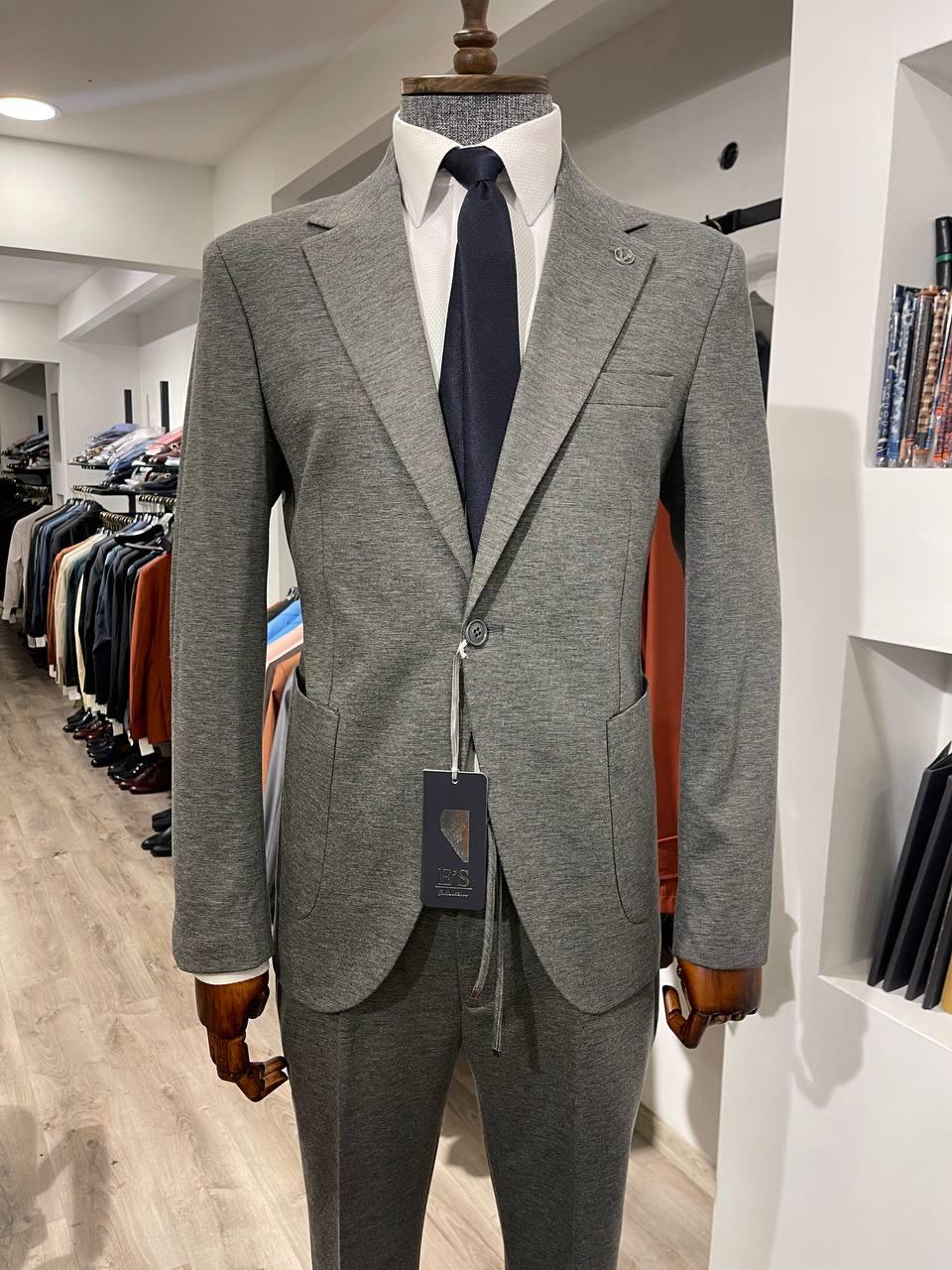 Maserto Slim Fit Gri Takım Elbise Düz Desenli