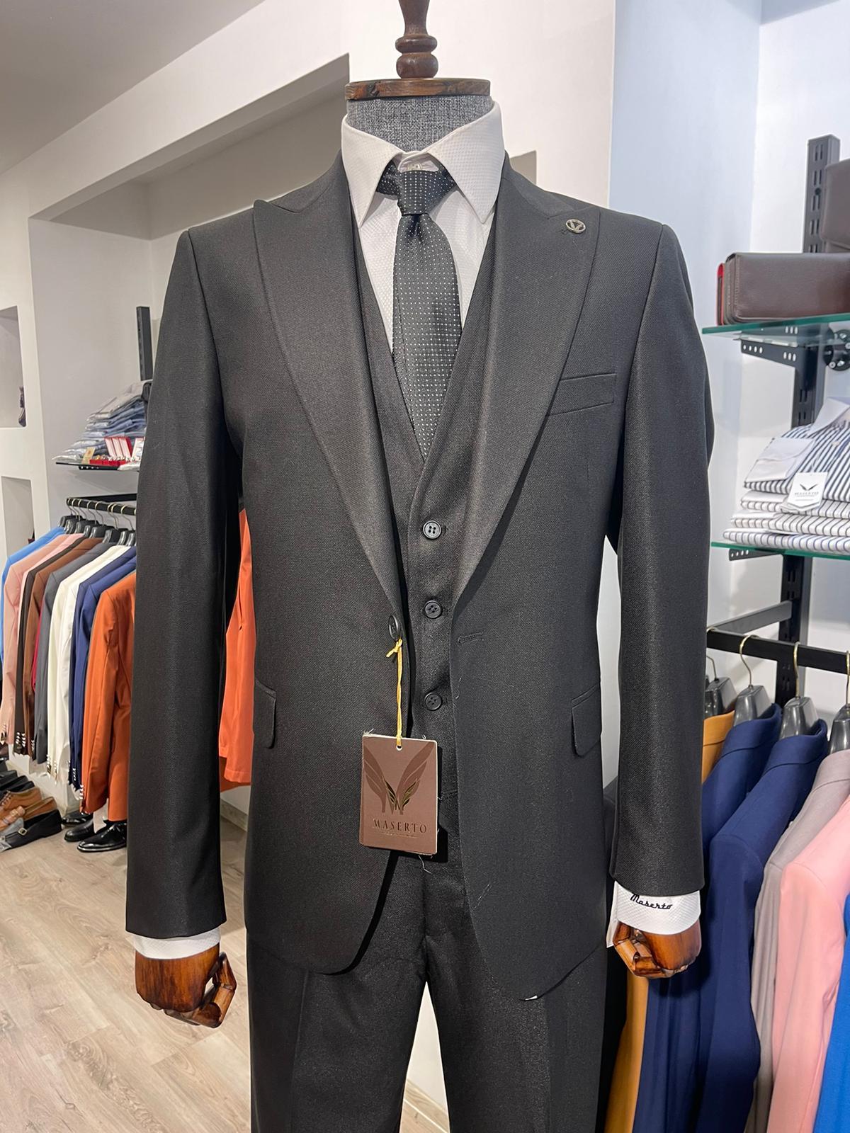 Maserto Slim Fit Gri Takım Elbise Düz Desenli