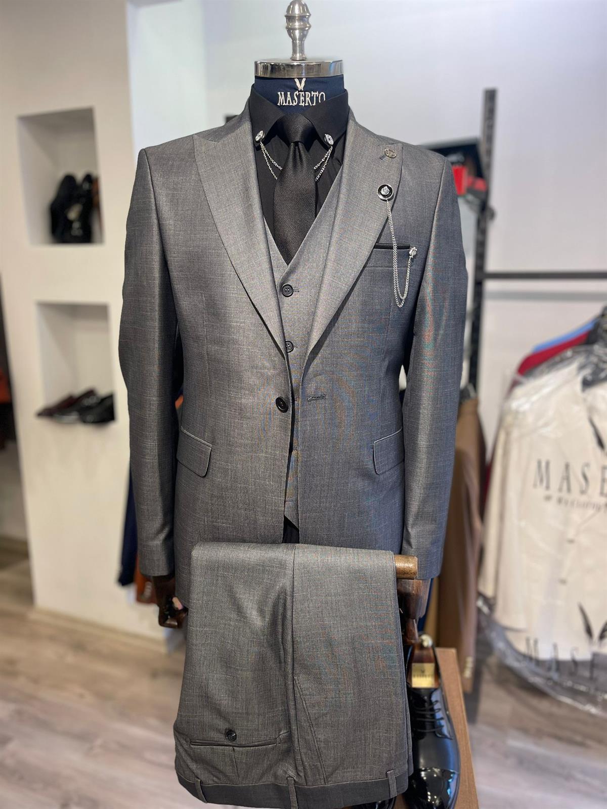 Maserto Slim Fit Gri Takım Elbise Düz Desenli
