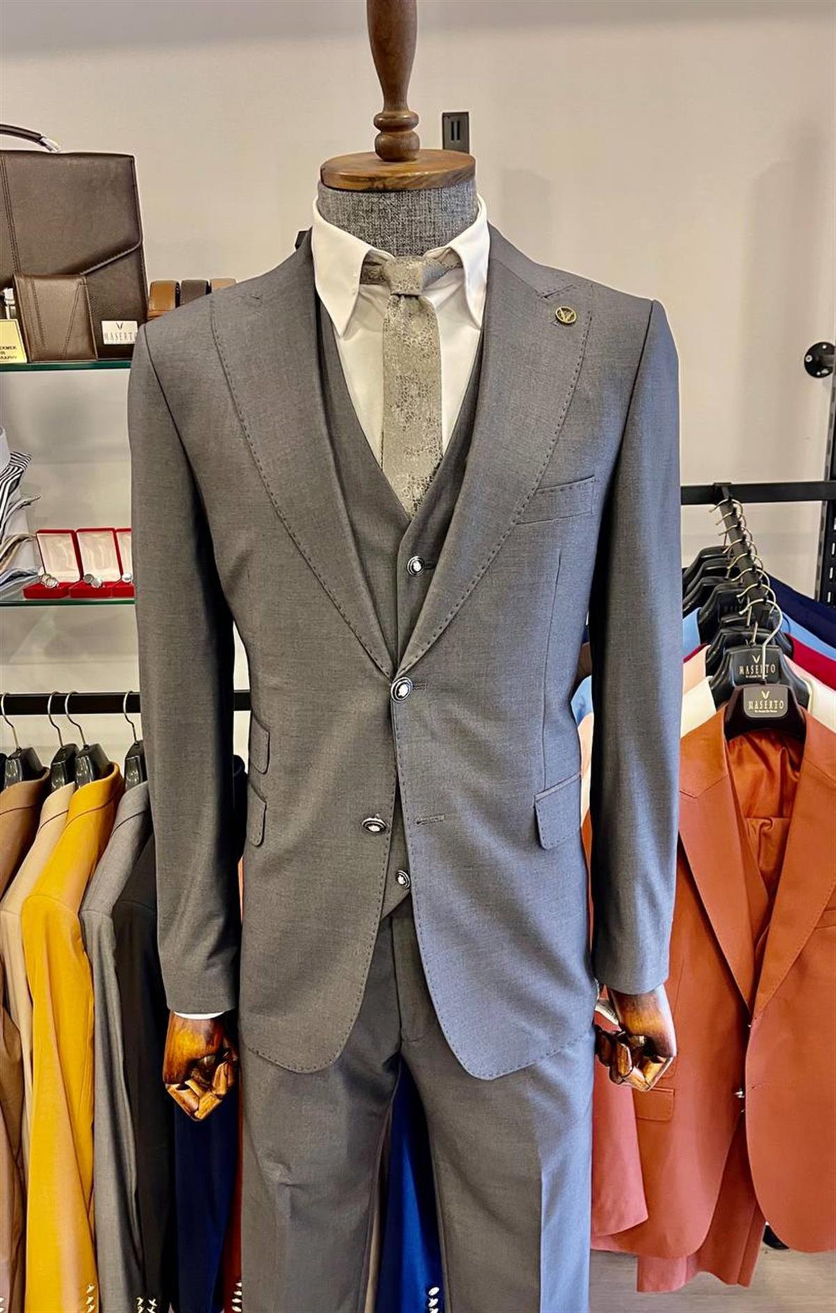 Maserto Slim Fit Gri Takım Elbise Düz Desenli