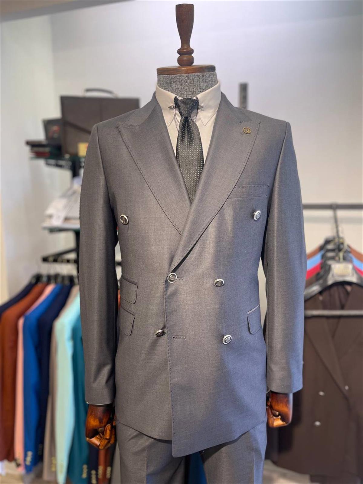 Maserto Slim Fit Gri Takım Elbise Düz Desenli