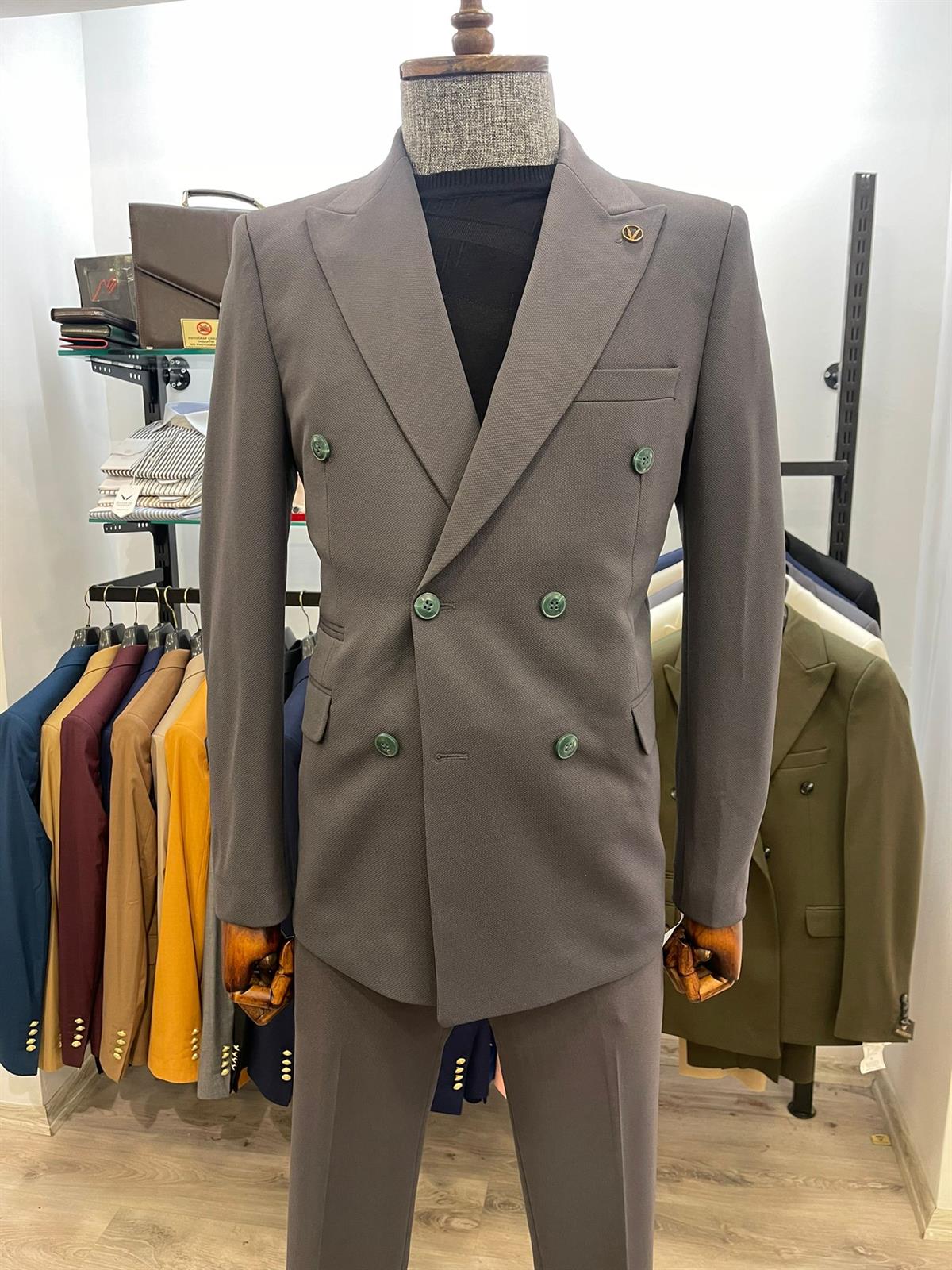 Maserto Slim Fit Gri Takım Elbise Düz Desenli