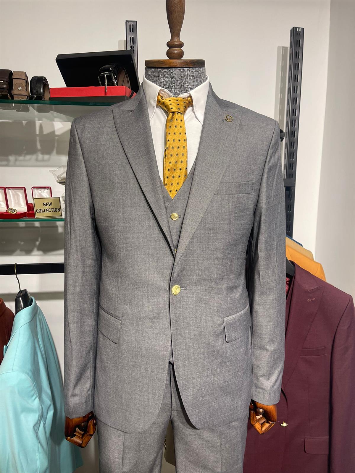 Maserto Slim Fit Gri Takım Elbise Düz Desenli