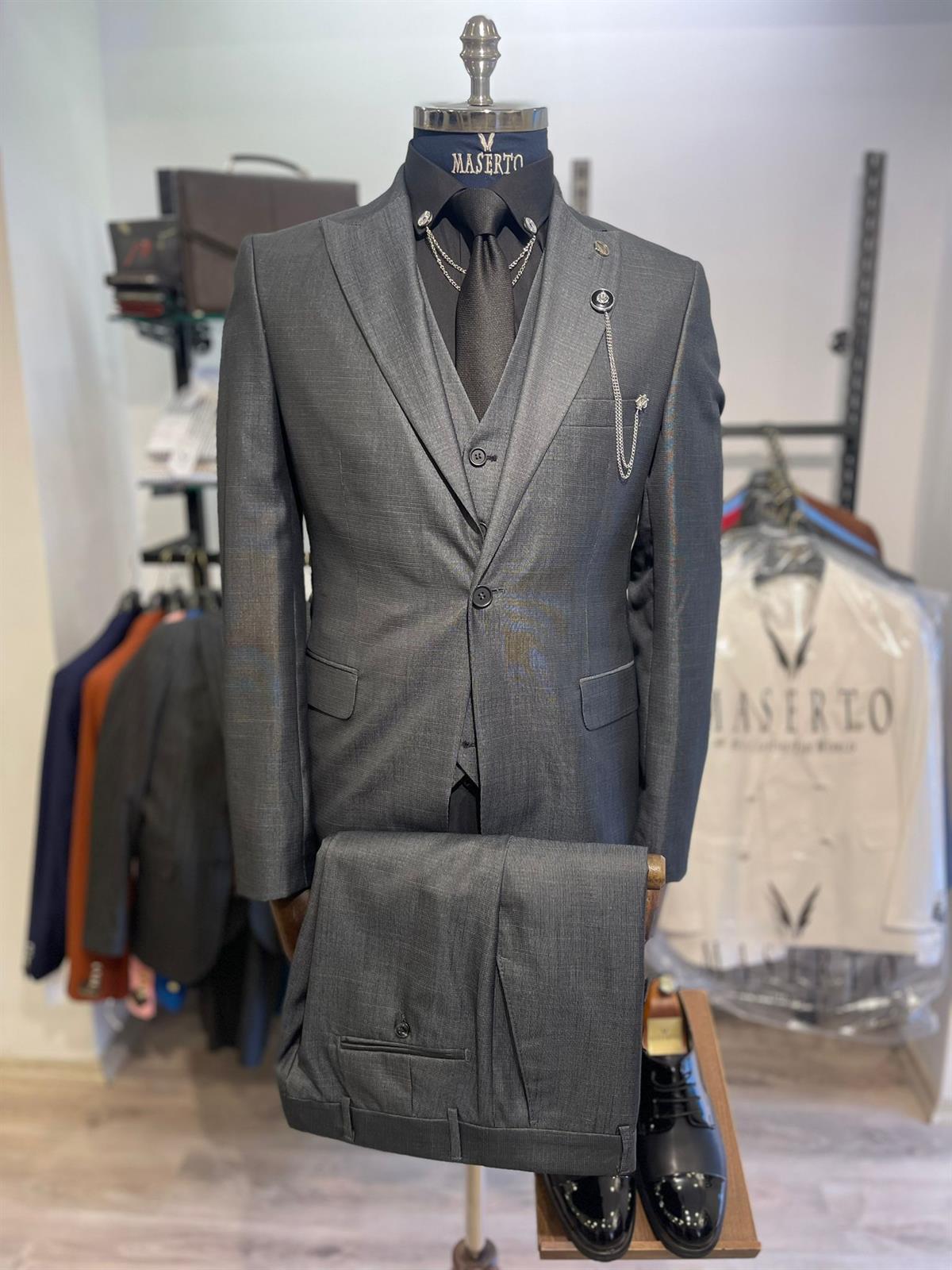 Maserto Slim Fit Gri Takım Elbise Düz Desenli