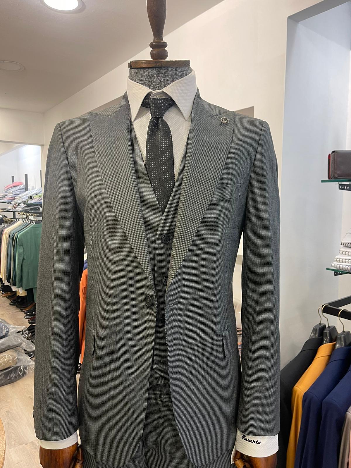 Maserto Slim Fit Gri Takım Elbise Düz Desenli