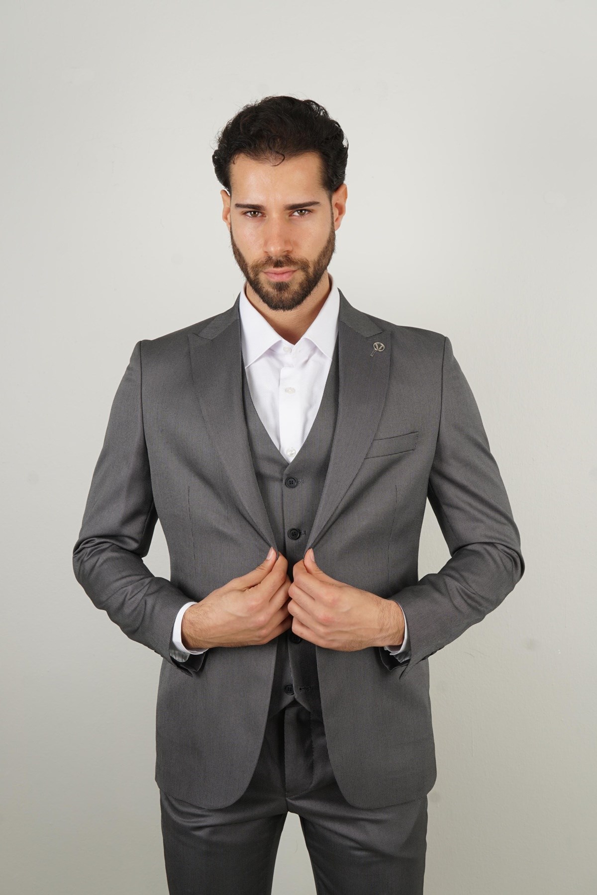 Maserto Slim Fit Gri Takım Elbise Kendinden Desenli