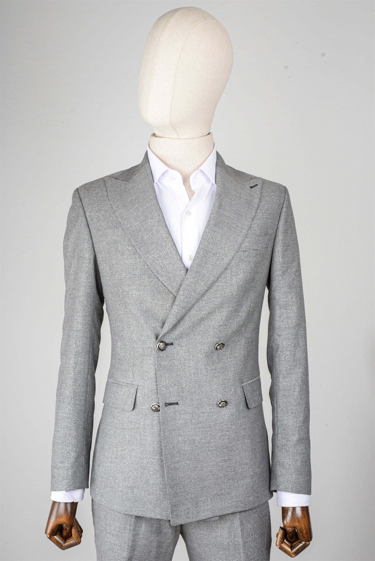 Maserto Slim Fit Gri Takım Elbise Kendinden Desenli