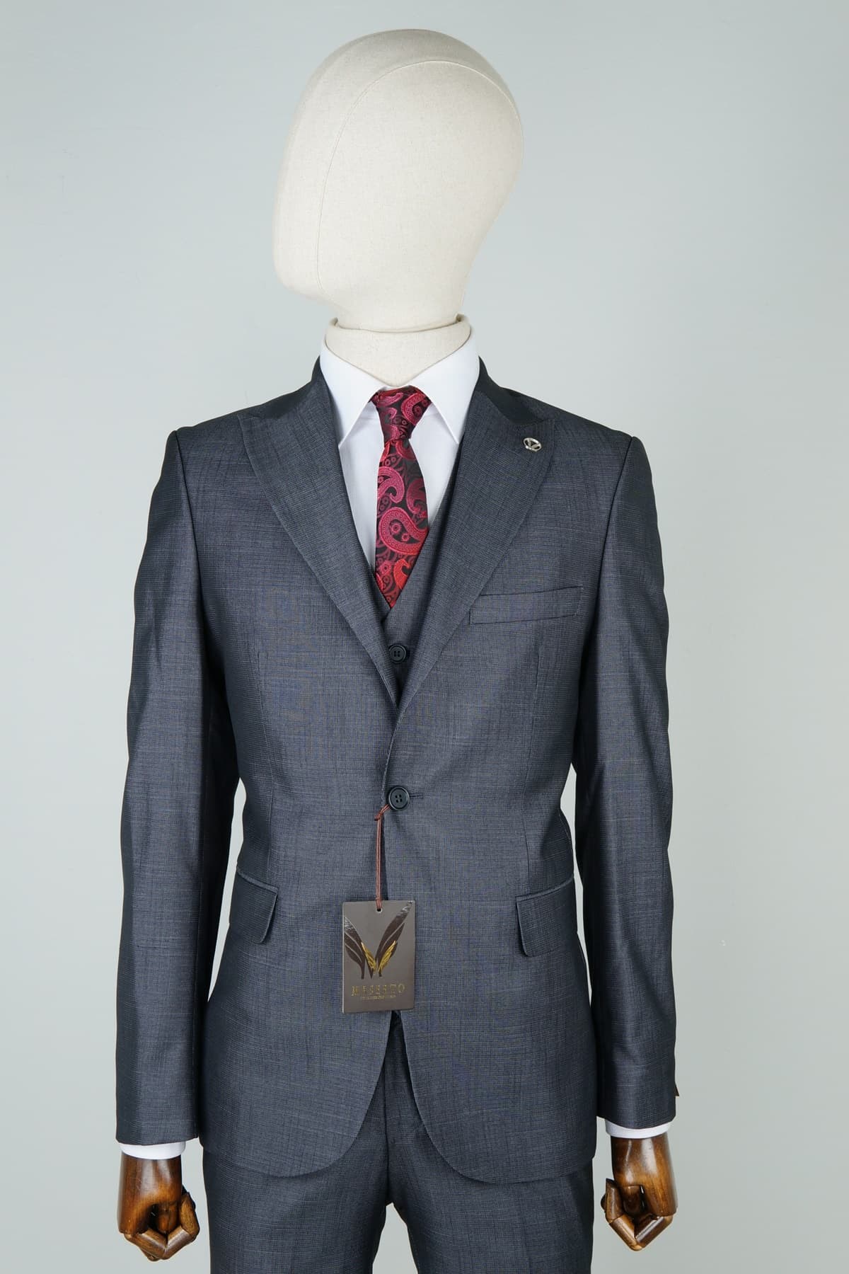 Maserto Slim Fit Gri Takım Elbise Kendinden Desenli