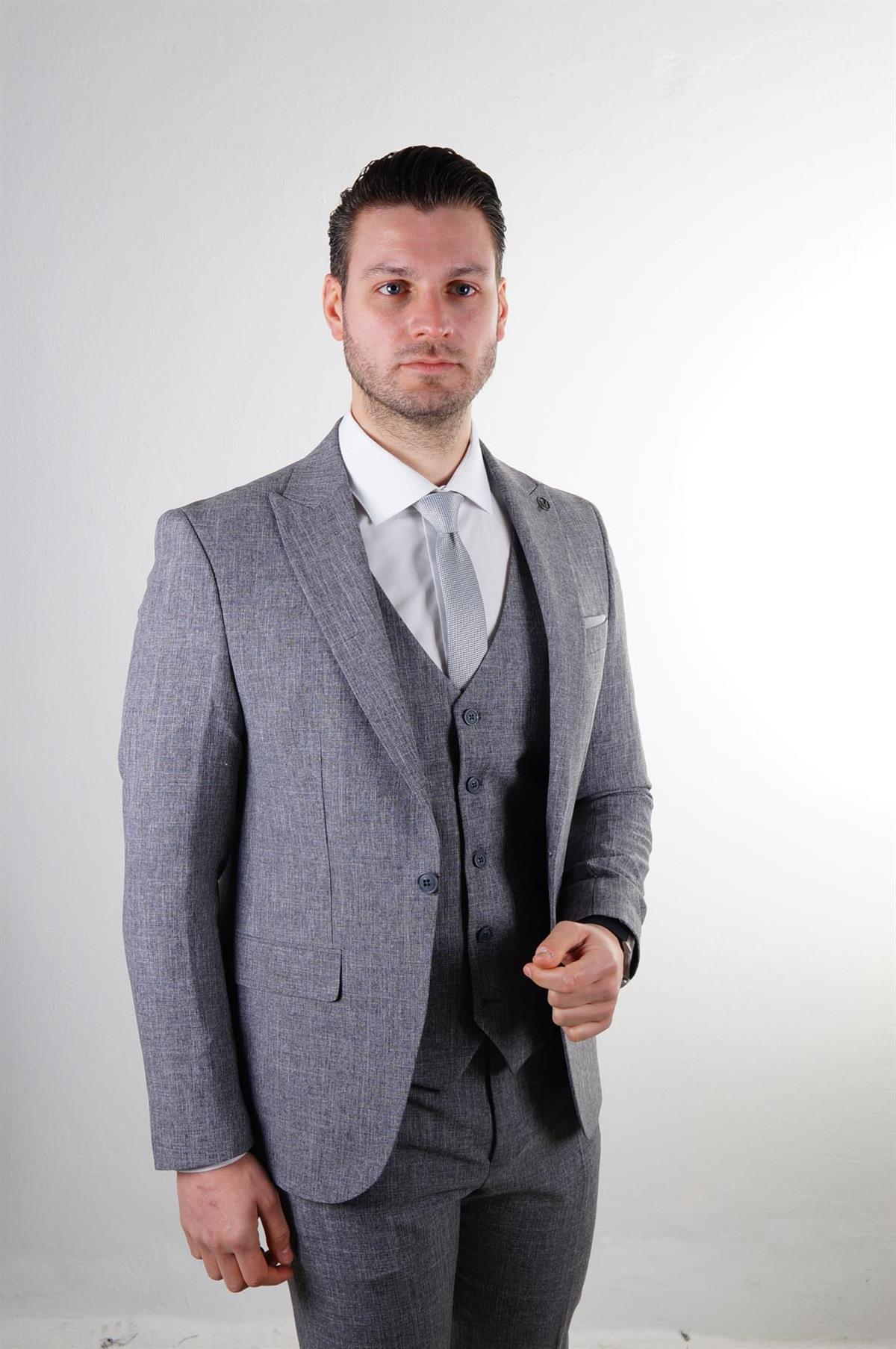 Maserto Slim Fit Gri Takım Elbise Kendinden Desenli