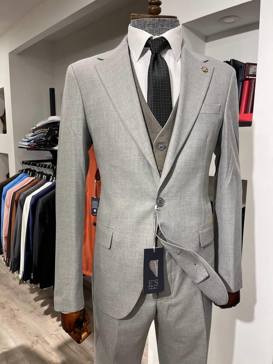 Maserto Slim Fit Gri Takım Elbise Kendinden Desenli