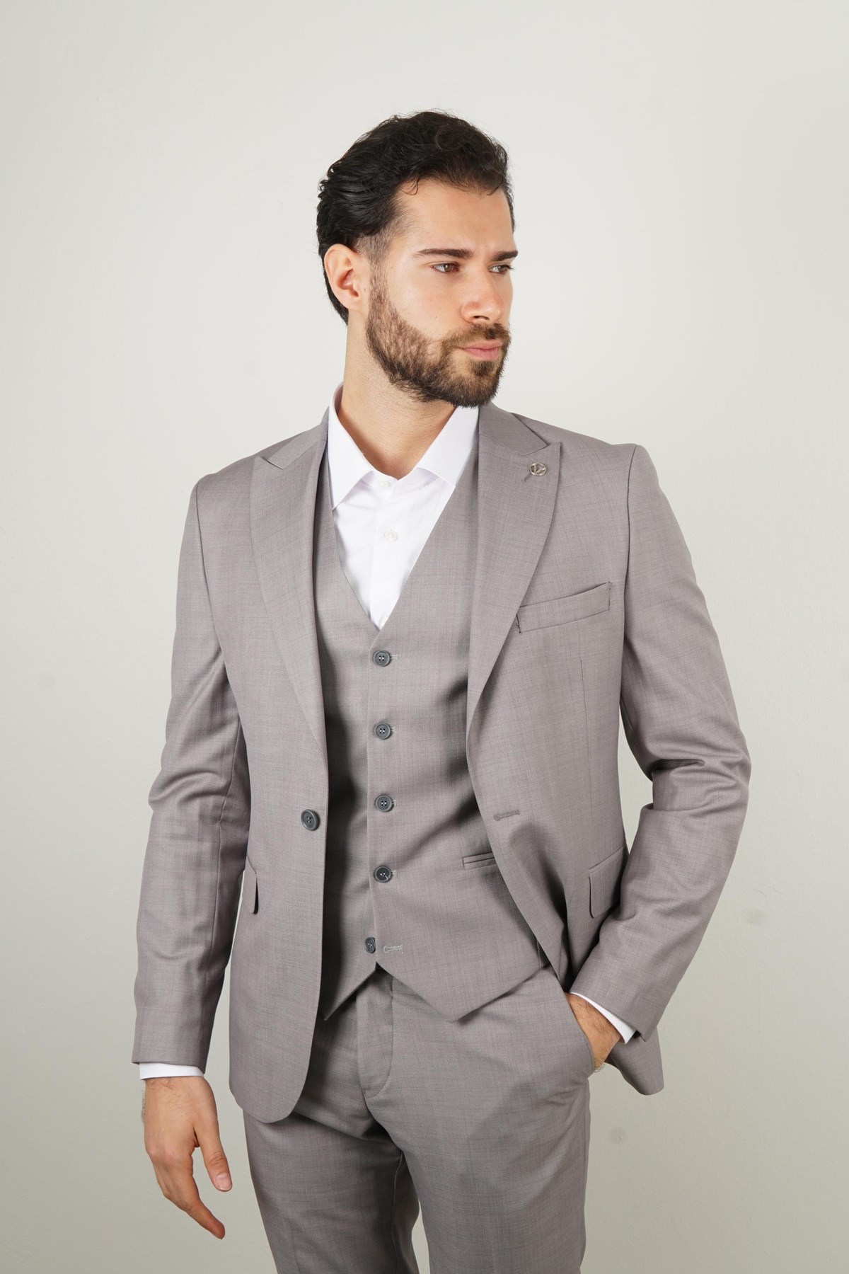 Maserto Slim Fit Gri Takım Elbise Kendinden Desenli