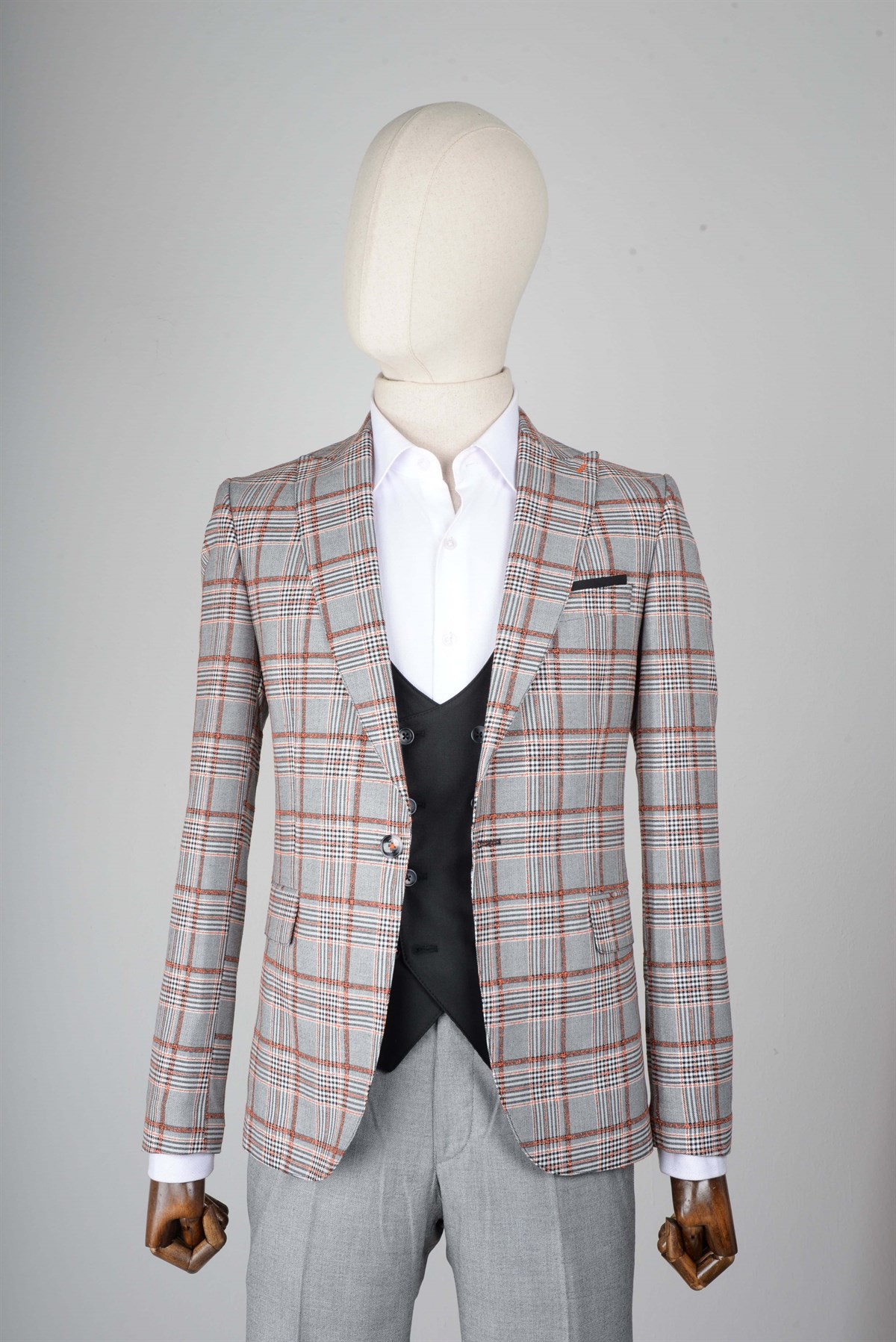 Maserto Slim Fit Gri Yelekli Takım Elbise Ekose Desenli