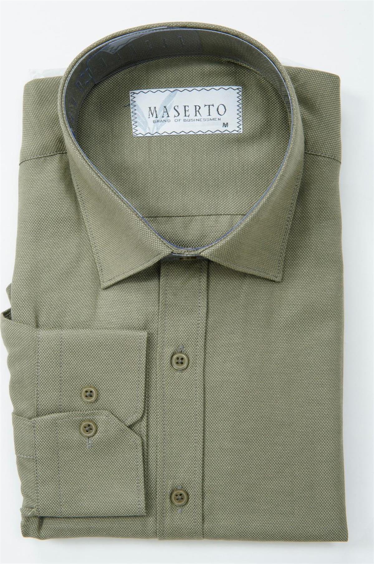 Maserto Slim Fit Haki Gömlek Kendinden Desenli