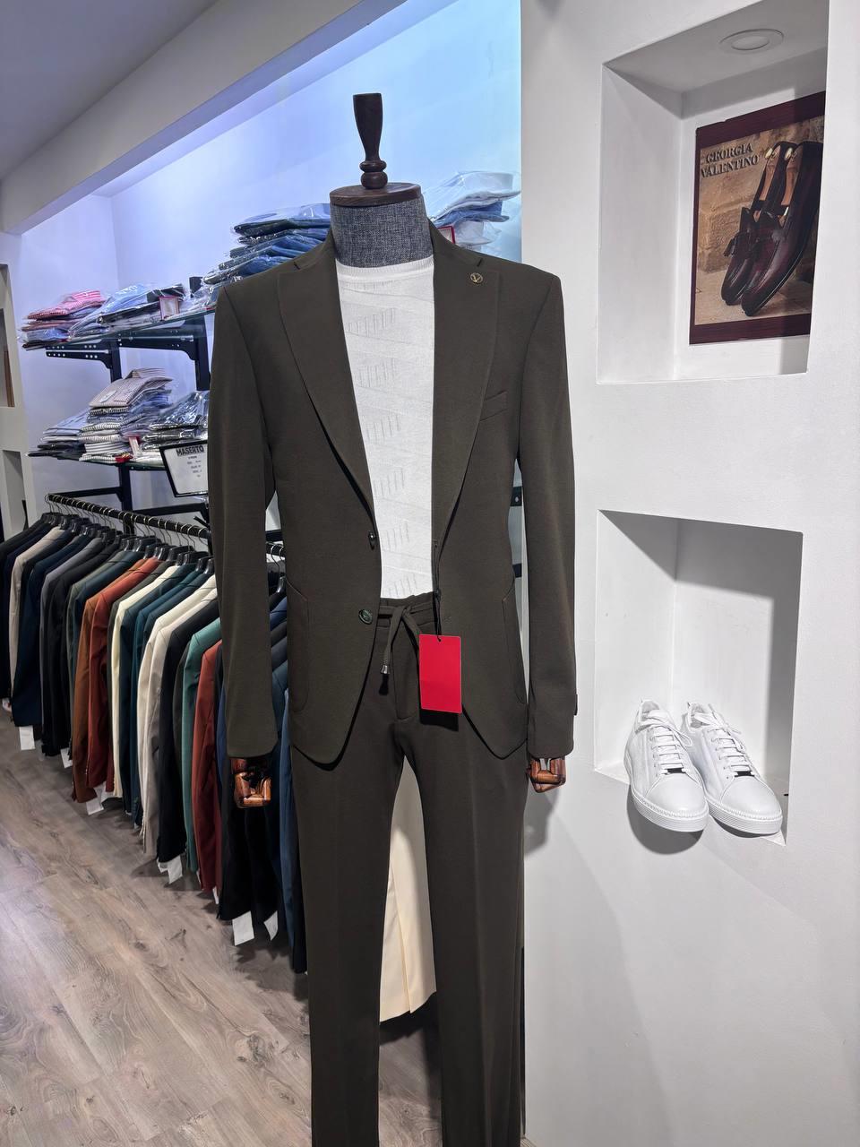 Maserto Slim Fit Haki Soft Takım Elbise Düz Desenli