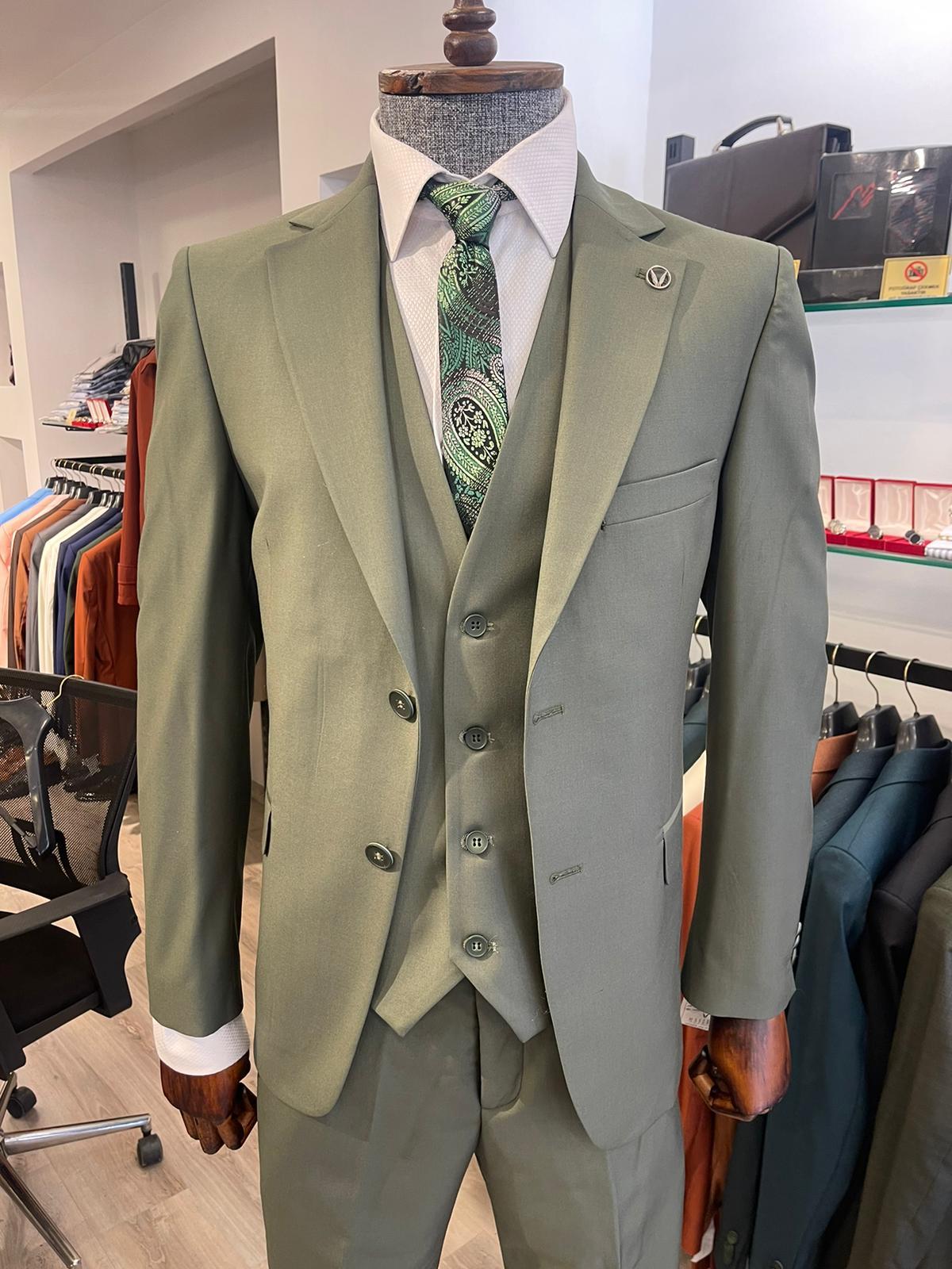 Maserto Slim Fit Haki Takım Elbise Düz Desenli