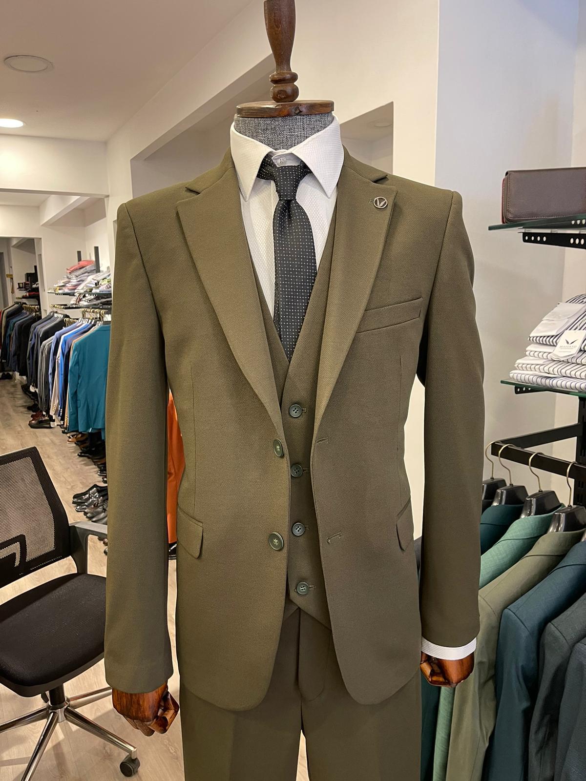 Maserto Slim Fit Haki Takım Elbise Düz Desenli