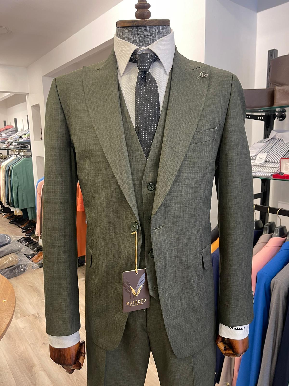 Maserto Slim Fit Haki Takım Elbise Düz Desenli