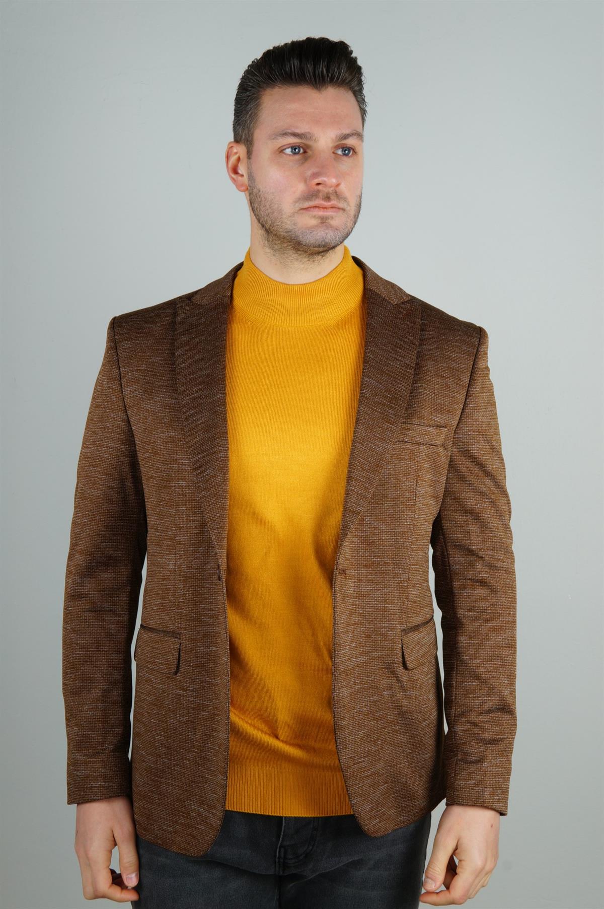 Maserto Slim Fit Kahverengi Ceket Kendinden Desenli